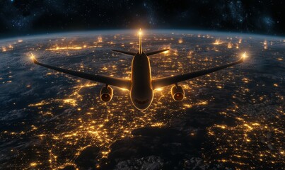 Wall Mural - commercial airplane flies over an illuminated global map at night
