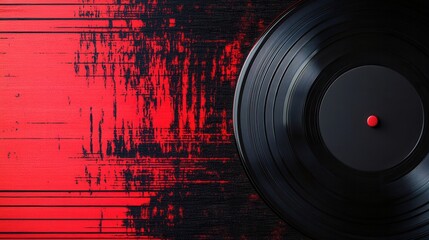Poster - Vinyl record texture featuring soundwave ripples in black and red with a focus on rhythmic design and golden ratio placement