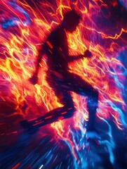 Poster - Explosive neon splashes surround a silhouetted runner in a vibrant cyberpunk-inspired atmosphere