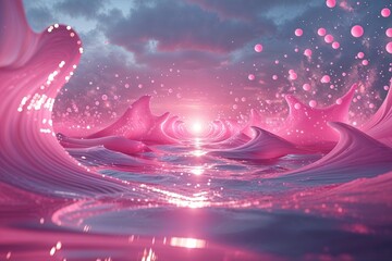 Wall Mural - Surreal Fluid Dynamics in Three Dimensional Pink Horizon with Dynamic Lighting and Flickering Particles