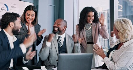 Aufkleber - Happy, business people and laptop with applause in meeting for winning, promotion or success at office. Excited, group or employees clapping with smile on computer for good news or team achievement