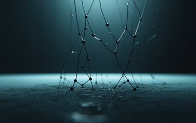 Poster - Abstract digital art depicting interconnected nodes and lines cascading down onto a dark teal surface.  The image evokes a sense of mystery and technological intricacy. Dark teal color palette
