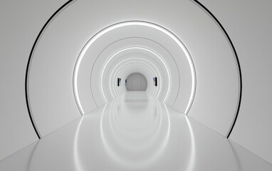 Poster - Abstract futuristic white tunnel with glowing neon lights, reflective floor, and a modern architectural design. The image evokes a sense of depth, mystery, and technological advancement