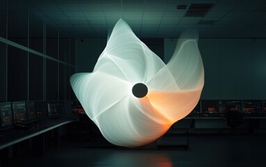 Poster - Abstract swirling light form, predominantly white and orange, in a dark industrial interior.  The shape resembles a flower or flame. The background features rows of computer monitors