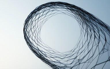 Poster - Abstract 3D rendering of a swirling, dark gray and blue ring against a light blue background. The ring is made of many small particles that create a sense of motion and depth