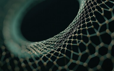 Poster - Abstract close-up of a teal and gold network structure, resembling a woven mesh or intricate lattice. The image features a curved form with a dark background, creating a sense of depth and mystery
