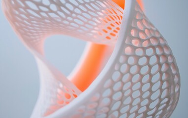 Poster - Abstract 3D rendered image featuring a complex, interconnected lattice structure.  The lattice is primarily white with sections of a warm orange hue. The forms create a sense of depth and movement