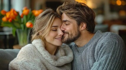 Poster - A couple sits closely together on a soft sofa, smiling and embracing in a cozy interior filled with warm lighting. Vibrant flowers are in the background, enhancing the atmosphere of love.