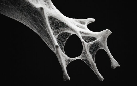 Abstract 3D rendering of a complex, web-like structure. The organic form is predominantly white with subtle hints of color in the fine network. The structure is set against a black background