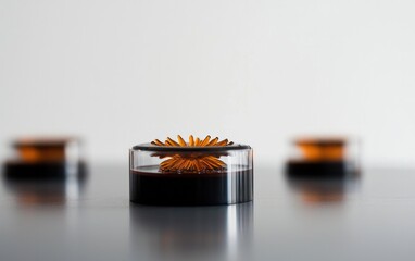 Aufkleber - Abstract image of a small, amber-colored, spiky object encased in a clear cylindrical container. The object is positioned on a dark gray surface with blurred out-of-focus objects in the background