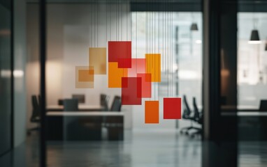Poster - Abstract image of colorful square shapes hanging in a modern office space. The squares are translucent and cast soft shadows. The background is blurred, showing a minimalist office interior