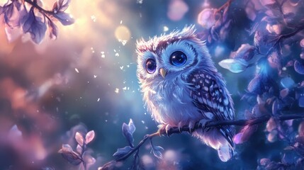 An adorable small owl with big blue eyes perches on a branch