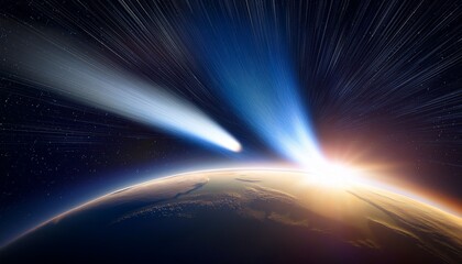 Wall Mural - a close up of a comet streaking across space its icy tail glowing in the sunlight