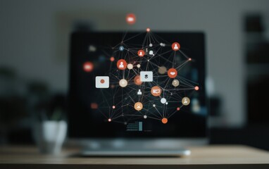 Poster - A network of digital icons floats above a computer screen on a wooden desk, suggesting online connectivity and communication.  The background is blurred, focusing attention on the glowing digital