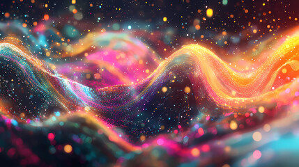 Wall Mural - Colorful abstract digital waves with vibrant lights and patterns on a dark background. Sonic Glow. Illustration