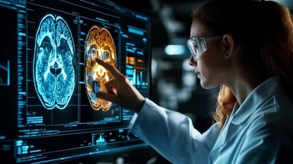 Fototapete - A medical professional in a lab coat examines detailed brain scan data using advanced holographic technology. The setting features high-tech monitors showcasing intricate imaging results.