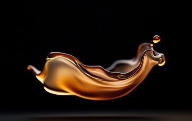Poster - Abstract image of a dark amber liquid splash against a black background. The splash is dynamic and fluid, with highlights showing texture and depth.  The lighting is dramatic, focusing on the