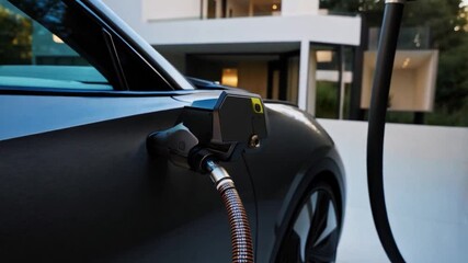 Poster - An electric car is connected to a charging station outside a stylish home. The modern architecture and serene environment provide a perfect backdrop for sustainable transportation.