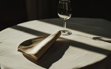 Poster - Elegant table setting with a white tablecloth, a folded napkin, a textured plate, and a wine glass. Sunlight casts shadows on the table