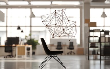 Poster - Abstract network graphic hovers over an empty office chair in a modern, bright workspace.  Natural light streams through large windows, illuminating the spacious room