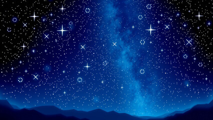 abstract night sky with bright stars and blue milky way over dark mountains.