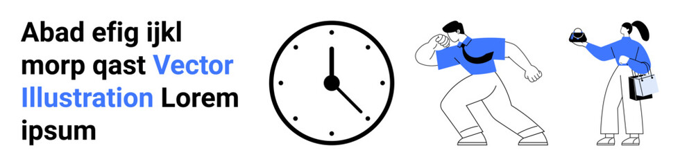 Poster - Clock symbolizing time, person holding stopwatch, another carrying documents. Ideal for productivity, time management, collaboration, organization, deadlines, task planning flat landing page banner