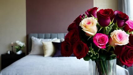 Poster - A vibrant bouquet of red, pink, and white roses sits elegantly on a bedside table in a cozy bedroom. Soft sunlight filters through the window, enhancing the room's warmth and charm.