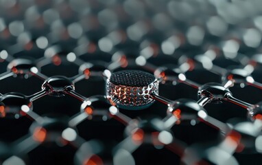 Poster - Microscopic view of a metallic structure with hexagonal pattern, glowing orange center, shallow depth of field