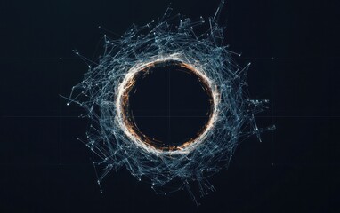 Fototapete - Abstract ring of glowing particles on dark background. Blue, white, and orange particles radiate outwards, creating a circular light effect. The image has a futuristic and technological feel
