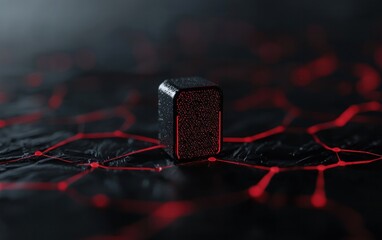 Fototapete - Abstract image of a dark, cube-shaped object with red glowing internal lights resting on a dark, textured surface with red glowing lines.  The mood is mysterious and technological