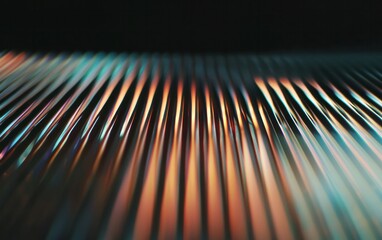 Fototapete - Abstract image of glowing vertical lines in teal, orange, and purple hues on a dark background. The lines are slightly blurred, creating a sense of depth and movement.  The overall mood is futuristic