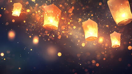 Wall Mural - Digital illustration of floating lanterns emitting vibrant golden flames on a cosmic gradient background, with glowing streaks of light and ethereal bokeh effects. Floating Lights. Illustration