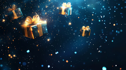 Wall Mural - Abstract christmas illustration with gift boxes floating and sparkling lights on a dark blue background. Floating Lights. Illustration
