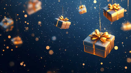 Wall Mural - Abstract christmas illustration with gift boxes floating and sparkling lights on a dark blue background. Floating Lights. Illustration