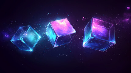 Wall Mural - Abstract digital background featuring floating blue and purple cubes in a dark space, creating a futuristic and immersive visual effect. Floating Lights. Illustration