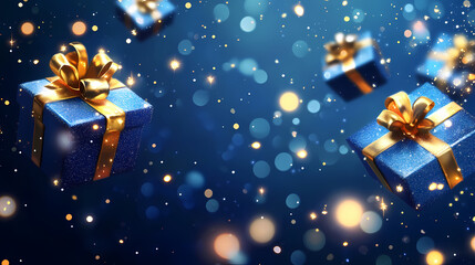 Wall Mural - Abstract christmas illustration with gift boxes floating and sparkling lights on a dark blue background. Floating Lights. Illustration