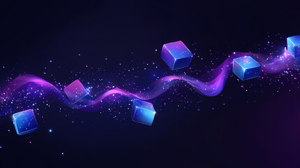 Wall Mural - Abstract digital background featuring floating blue and purple cubes in a dark space, creating a futuristic and immersive visual effect. Floating Lights. Illustration