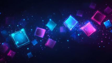 Wall Mural - Abstract digital background featuring floating blue and purple cubes in a dark space, creating a futuristic and immersive visual effect. Floating Lights. Illustration