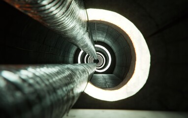 Fototapete - Abstract image of metallic pipes inside a circular tunnel with glowing light at the end. Dark, industrial, and mysterious atmosphere