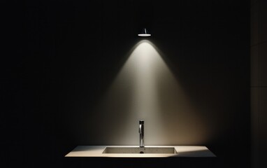 Poster - A minimalist image of a modern bathroom sink illuminated by a single spotlight against a dark wall. The scene is simple, clean, and evokes a feeling of serenity