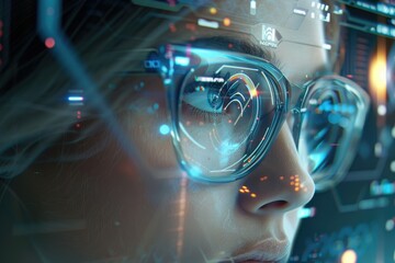 Woman Analyzing Data in Futuristic Interface Representing Technology and Innovation