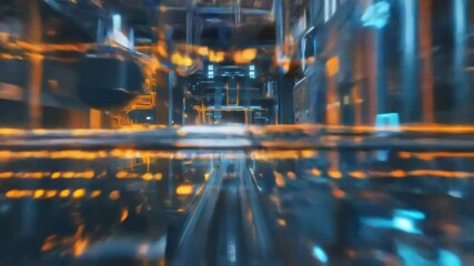 Poster - High tech industrial interior showcasing advanced engineering with glowing blue and orange neon lights. Complex machinery and digital elements create a dynamic, futuristic atmosphere
