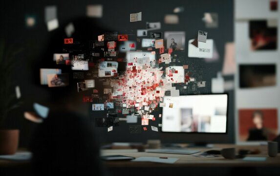 Abstract image depicting a person surrounded by a flurry of fragmented digital images in a dark workspace. The overall atmosphere is one of immersion and data overload