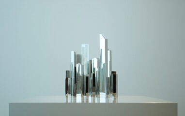 Poster - Abstract cityscape model, reflective glass skyscrapers on white surface, minimalist design, soft light. Modern architecture concept