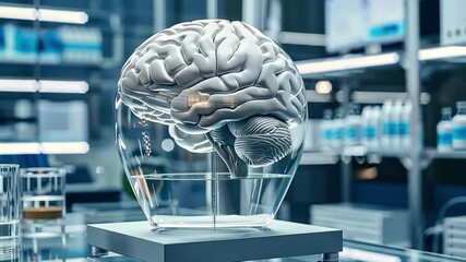 Poster - Futuristic Laboratory Display Detailed Human Brain Model Showcasing Advanced Technology, Scientific Research, and High Tech Equipment in Cutting Edge Science Environment