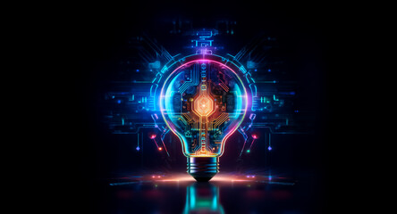Poster - A luminous lightbulb form is crafted from digital circuits, emitting vibrant blue, pink, and orange glows against a stark black backdrop, symbolizing innovation.