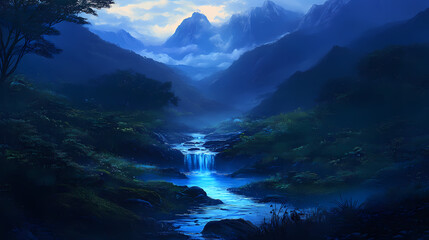 Wall Mural - A mountain stream exhibits blue luminescence at dusk, surrounded by lush greenery and distant peaks, creating a serene and magical atmosphere. Serene Luminescence. Illustration