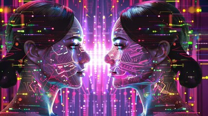 Poster - two women face each other with digital circuit patterns overlaying their faces, set against vibrant,