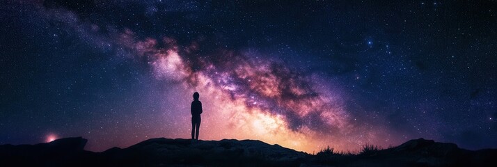 Poster - Experience the magic of the cosmos with a glowing Milky Way and a silhouette admiring the starry night sky