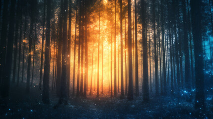 Wall Mural - Enchanting luminescence in a serene twilight forest under a starlit sky, digital art of fantasy landscape concept. Serene Luminescence. Illustration